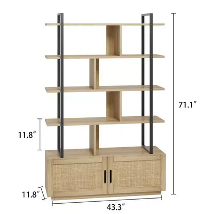 Étagère en rotin de 180,6 cm de haut, bibliothèque industrielle à 5 niveaux avec armoire de rangement et porte, étagères ouvertes, cadre en métal, étagère de style ferme bohème