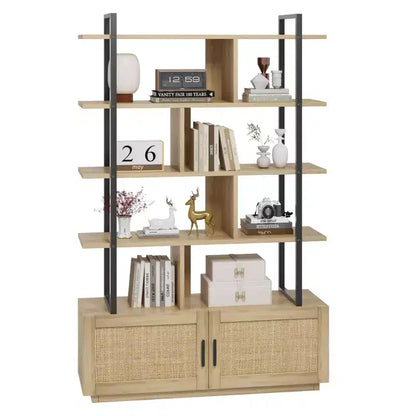 Étagère en rotin de 180,6 cm de haut, bibliothèque industrielle à 5 niveaux avec armoire de rangement et porte, étagères ouvertes, cadre en métal, étagère de style ferme bohème