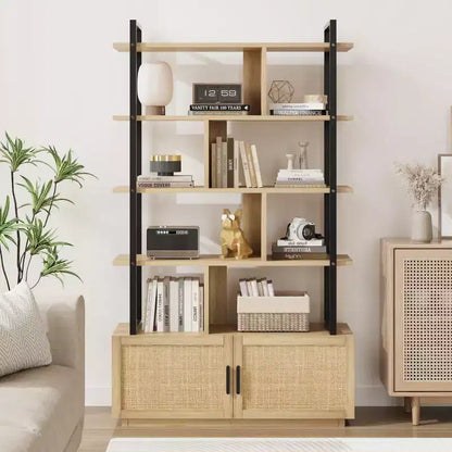 Étagère en rotin de 180,6 cm de haut, bibliothèque industrielle à 5 niveaux avec armoire de rangement et porte, étagères ouvertes, cadre en métal, étagère de style ferme bohème