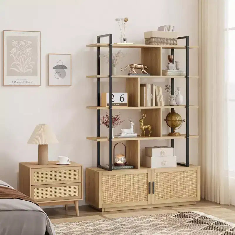 Étagère en rotin de 180,6 cm de haut, bibliothèque industrielle à 5 niveaux avec armoire de rangement et porte, étagères ouvertes, cadre en métal, étagère de style ferme bohème