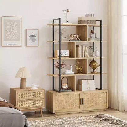 Étagère en rotin de 180,6 cm de haut, bibliothèque industrielle à 5 niveaux avec armoire de rangement et porte, étagères ouvertes, cadre en métal, étagère de style ferme bohème