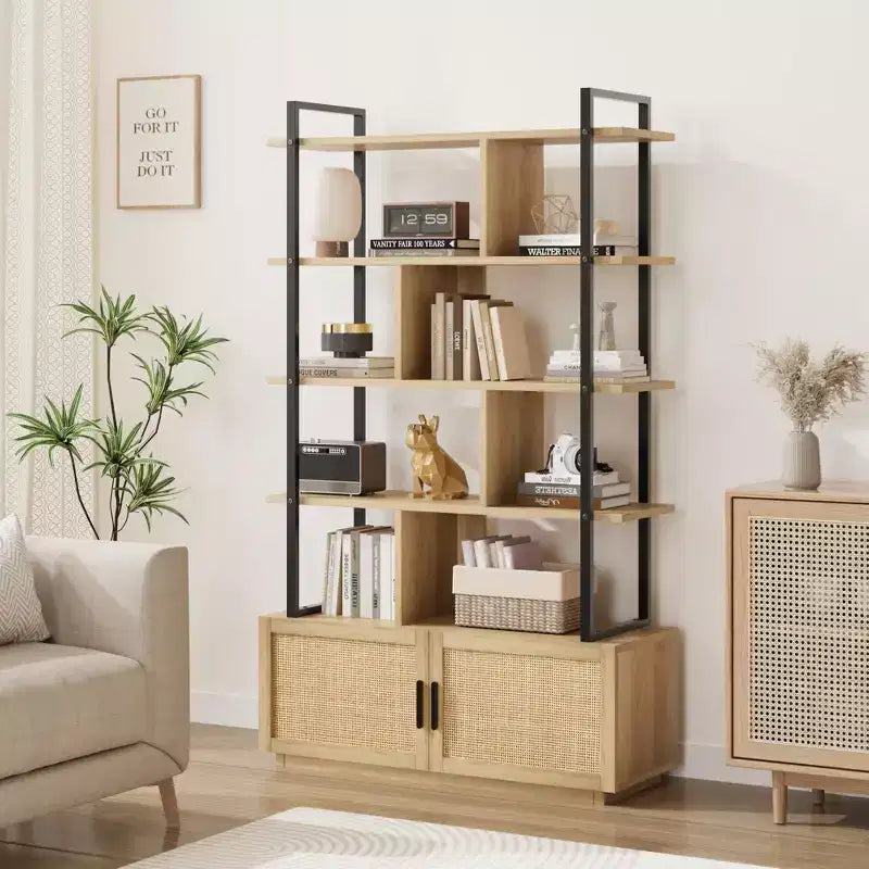 Étagère en rotin de 180,6 cm de haut, bibliothèque industrielle à 5 niveaux avec armoire de rangement et porte, étagères ouvertes, cadre en métal, étagère de style ferme bohème