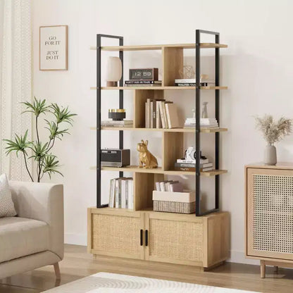 Étagère en rotin de 180,6 cm de haut, bibliothèque industrielle à 5 niveaux avec armoire de rangement et porte, étagères ouvertes, cadre en métal, étagère de style ferme bohème