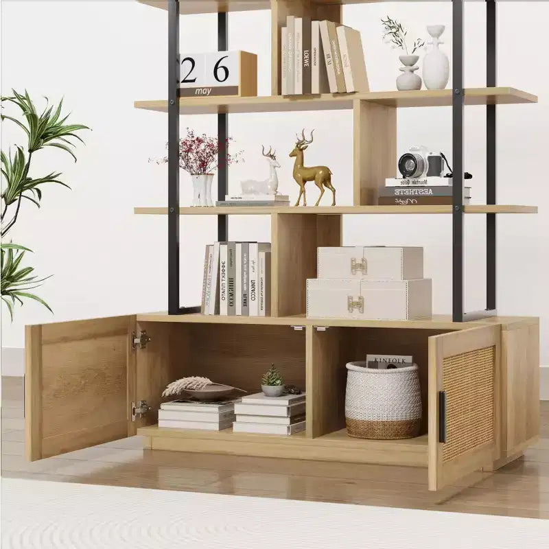 Étagère en rotin de 180,6 cm de haut, bibliothèque industrielle à 5 niveaux avec armoire de rangement et porte, étagères ouvertes, cadre en métal, étagère de style ferme bohème