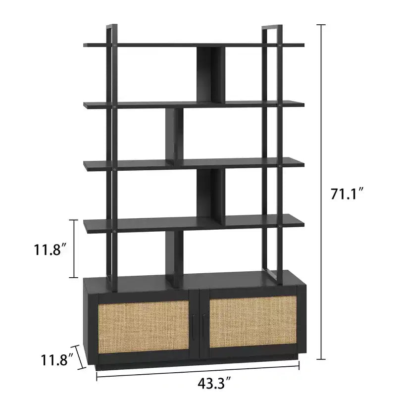 Étagère en rotin de 180,6 cm de haut, bibliothèque industrielle à 5 niveaux avec armoire de rangement et porte, étagères ouvertes, cadre en métal, étagère de style ferme bohème