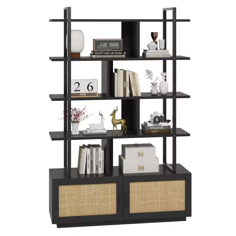 Étagère en rotin de 180,6 cm de haut, bibliothèque industrielle à 5 niveaux avec armoire de rangement et porte, étagères ouvertes, cadre en métal, étagère de style ferme bohème