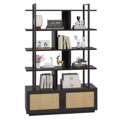 Étagère en rotin de 180,6 cm de haut, bibliothèque industrielle à 5 niveaux avec armoire de rangement et porte, étagères ouvertes, cadre en métal, étagère de style ferme bohème
