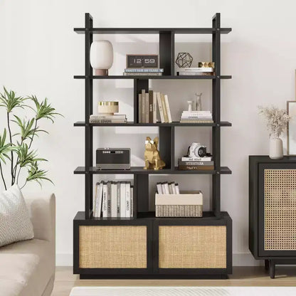 Étagère en rotin de 180,6 cm de haut, bibliothèque industrielle à 5 niveaux avec armoire de rangement et porte, étagères ouvertes, cadre en métal, étagère de style ferme bohème