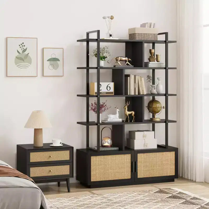 Étagère en rotin de 180,6 cm de haut, bibliothèque industrielle à 5 niveaux avec armoire de rangement et porte, étagères ouvertes, cadre en métal, étagère de style ferme bohème