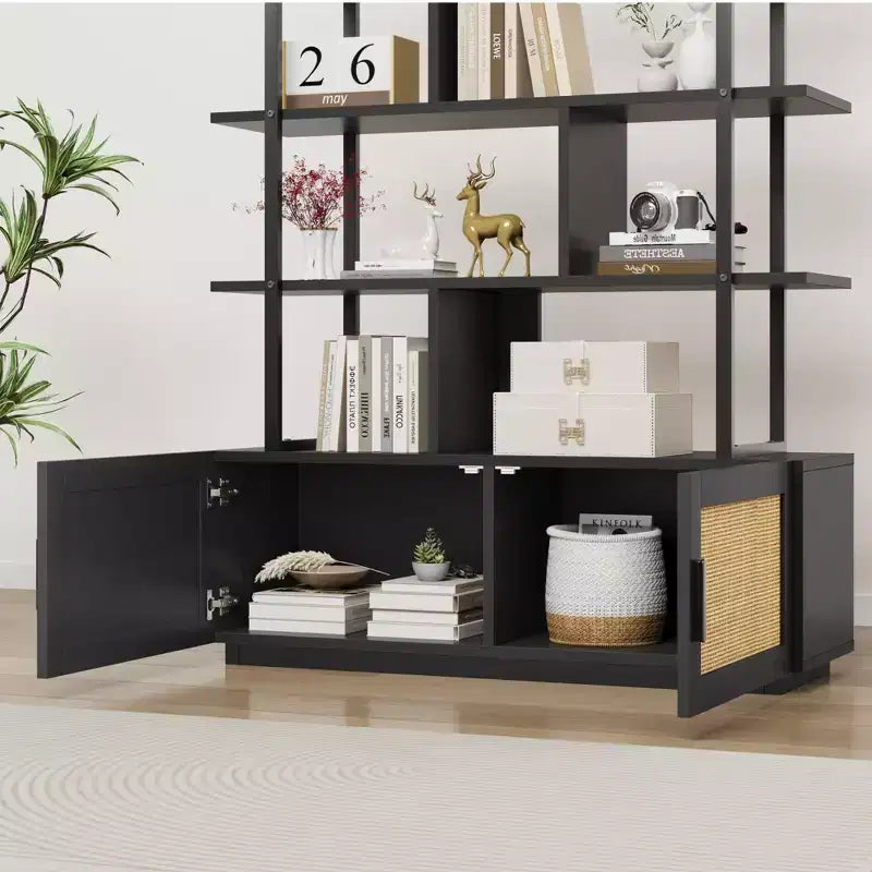 Étagère en rotin de 180,6 cm de haut, bibliothèque industrielle à 5 niveaux avec armoire de rangement et porte, étagères ouvertes, cadre en métal, étagère de style ferme bohème