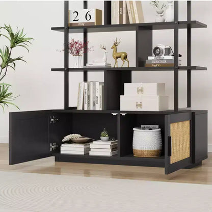 Étagère en rotin de 180,6 cm de haut, bibliothèque industrielle à 5 niveaux avec armoire de rangement et porte, étagères ouvertes, cadre en métal, étagère de style ferme bohème