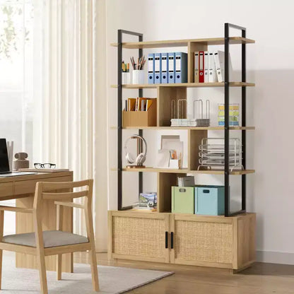 Étagère en rotin de 180,6 cm de haut, bibliothèque industrielle à 5 niveaux avec armoire de rangement et porte, étagères ouvertes, cadre en métal, étagère de style ferme bohème